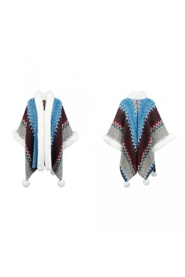 Poncho Tricoté Adulte, Cape En Tricot À Rayures Colorées Châle Lâche Cape Pour Femme Col En Fourrure Châle Pull En Tricot Pul
