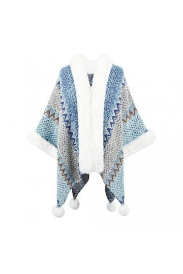 ZISTRCBAO Cape Tricotée Pour Femme – Poncho En Tricot Chaud Avec Col En Fourrure, Châle À Rayures Colorées, Chaud En Automne 