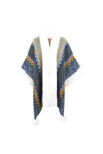 ZISTRCBAO Ponchos Tricotés pour Femmes - Écharpe À Rayures Colorées dhiver Col en Fourrure pour Femmes Cape Tricotée Châles 