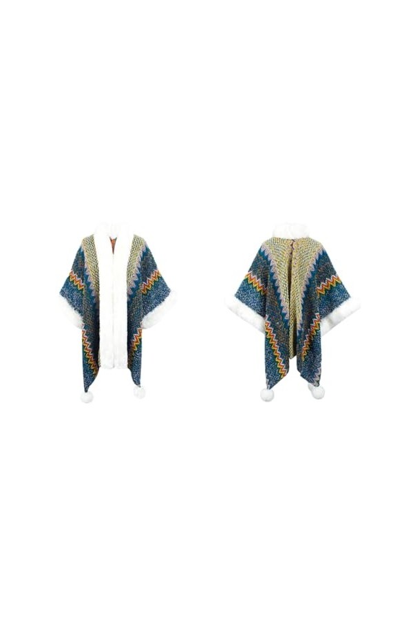 ZISTRCBAO Ponchos Tricotés pour Femmes - Écharpe À Rayures Colorées dhiver Col en Fourrure pour Femmes Cape Tricotée Châles 