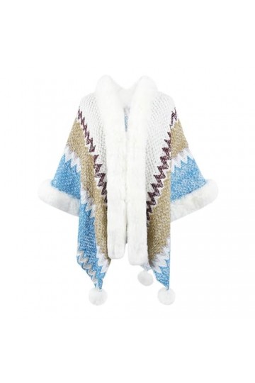 Cape Châle En Tricot DHiver – Col En Fourrure Pour Femme, Enveloppes Tricotées, Couverture De Poncho À Rayures Colorées, Car