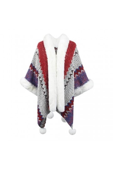 Poncho En Tricot Adulte, Poncho En Tricot Pour Femme, Écharpe À Rayures Colorées Pour LHiver, LAutomne, Col En Fourrure Pou