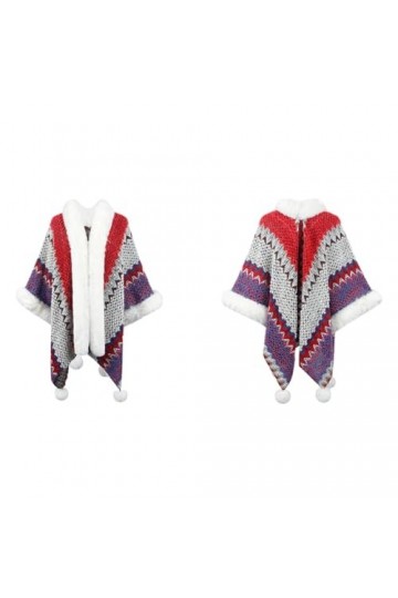 Poncho En Tricot Adulte, Poncho En Tricot Pour Femme, Écharpe À Rayures Colorées Pour LHiver, LAutomne, Col En Fourrure Pou