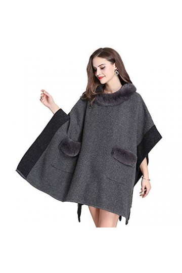 Poncho Femme Col Rond Pullover Élégant Poncho Châle en Tricot Cape Fausse Fourrure de Renard Chaud Veste Manteau Automne Hive