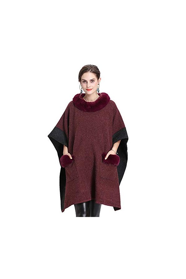 Poncho Femme Col Rond Pullover Élégant Poncho Châle en Tricot Cape Fausse Fourrure de Renard Chaud Veste Manteau Automne Hive