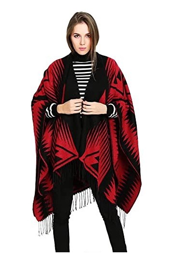 WJPTL Cape Chaude Noire Rouge pour Femmes Motif Triangle géométrique châle Cape Automne et Hiver Cardigan Longue écharpe Cade