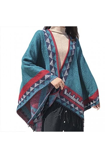 HQSB Cape châle style ethnique tendance pour femme - Poncho vintage imprimé bleu - Poncho dhiver chaud et épais - Cadeau de 