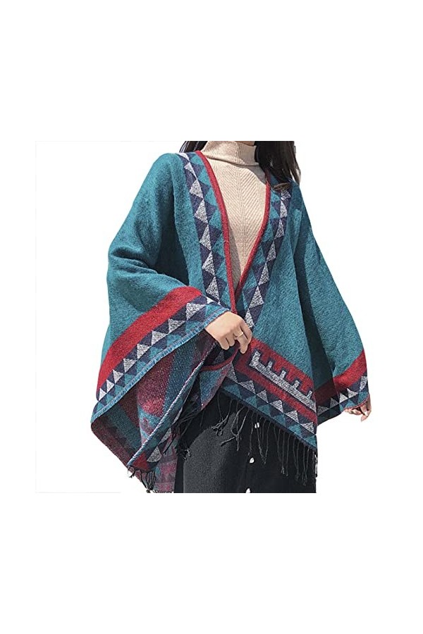 HQSB Cape châle style ethnique tendance pour femme - Poncho vintage imprimé bleu - Poncho dhiver chaud et épais - Cadeau de 