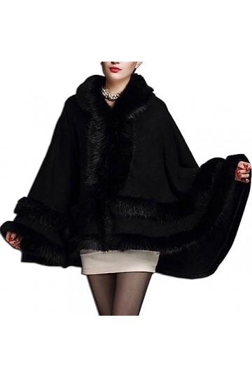 Vagbalena Femmes Dames Filles Cape Manteau Fausse Fourrure Worsted Cape Châle Wrap Noir,Une Taille 