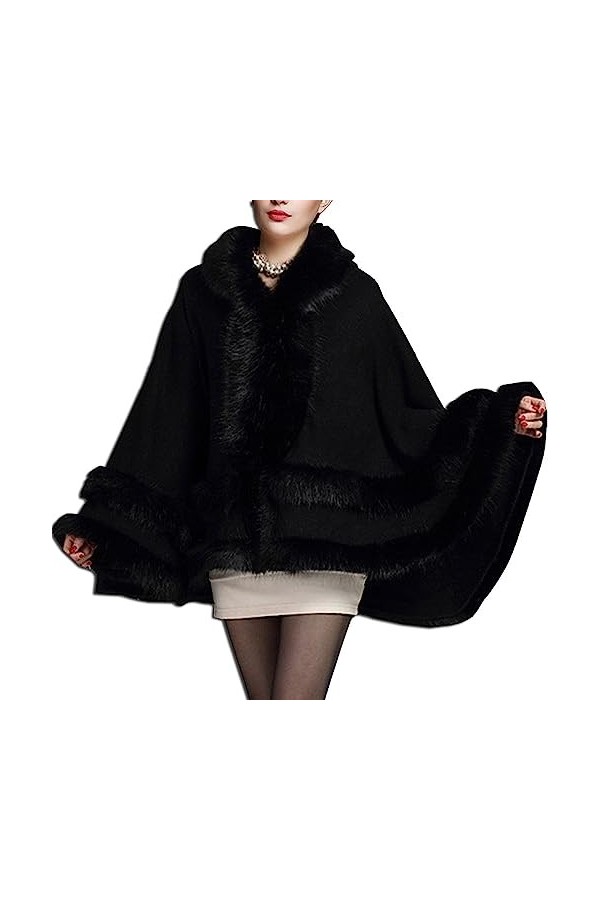 Vagbalena Femmes Dames Filles Cape Manteau Fausse Fourrure Worsted Cape Châle Wrap Noir,Une Taille 