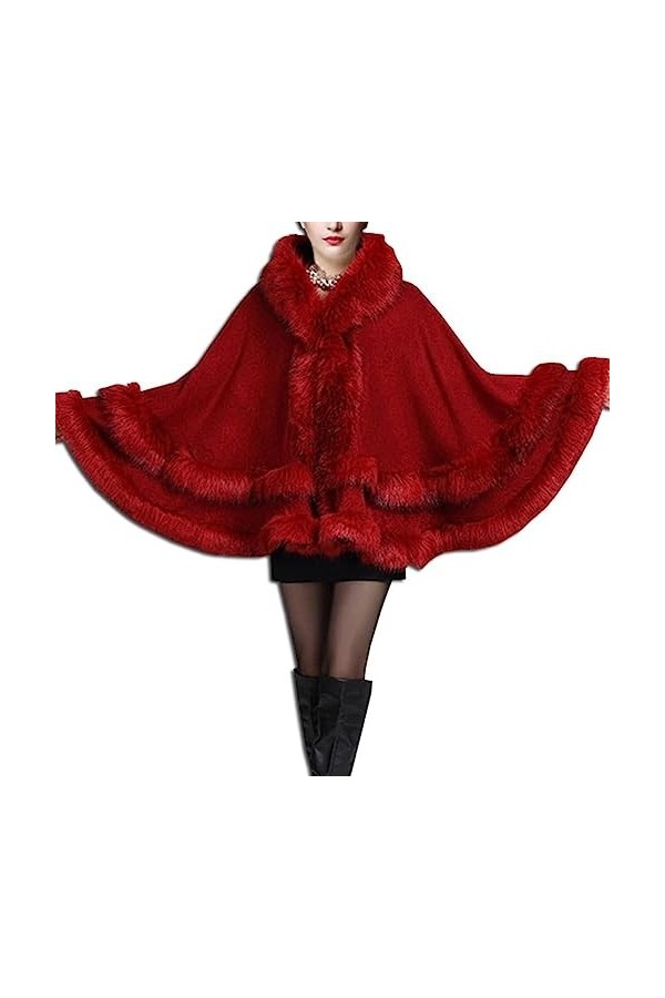 Vagbalena Femmes Dames Filles Cape Manteau Fausse Fourrure Worsted Cape Châle Wrap Noir,Une Taille 