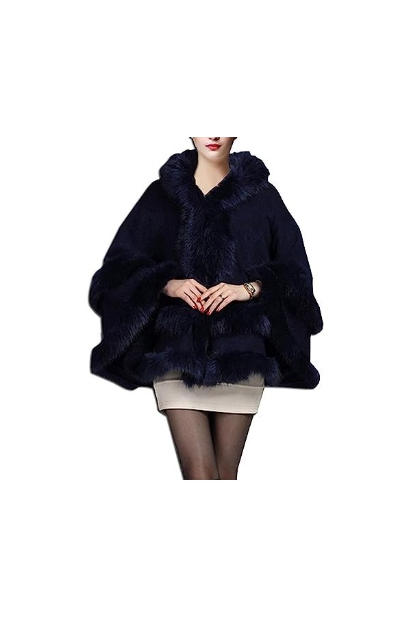Vagbalena Femmes Dames Filles Cape Manteau Fausse Fourrure Worsted Cape Châle Wrap Noir,Une Taille 