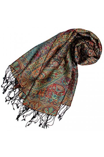 Lorenzo Cana - Pashmina Écharpe pour femme en soie et laine 70 x 190 cm Motif cachemire châle étole tissé 78118, pétrole
