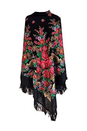 Belle grand authentique noir russe Pavlovo Posad Femme Echarpe Châle Etole Paisley Folk 100% laine avec des frange de laine 1