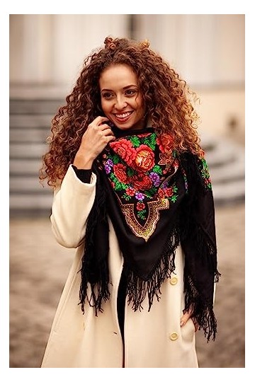 Belle grand authentique noir russe Pavlovo Posad Femme Echarpe Châle Etole Paisley Folk 100% laine avec des frange de laine 1