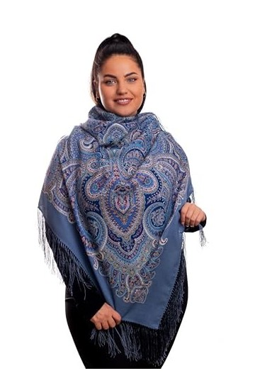 Pavlovo Posad Écharpe russe pour femme 100 % laine avec cachemire et fleurs avec franges en soie Bleu 125 x 125 cm, bleu, 125