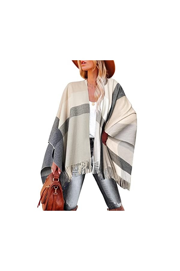 Breezy Lane Poncho à carreaux pour femme avec pompon ouvert sur le devant pour lautomne et lhiver, Couleur 27, taille uniqu