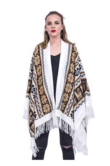 Gamboa - Châle en alpaga Ruana pour femme - Motif fleurs et lamitas, marron, taille unique