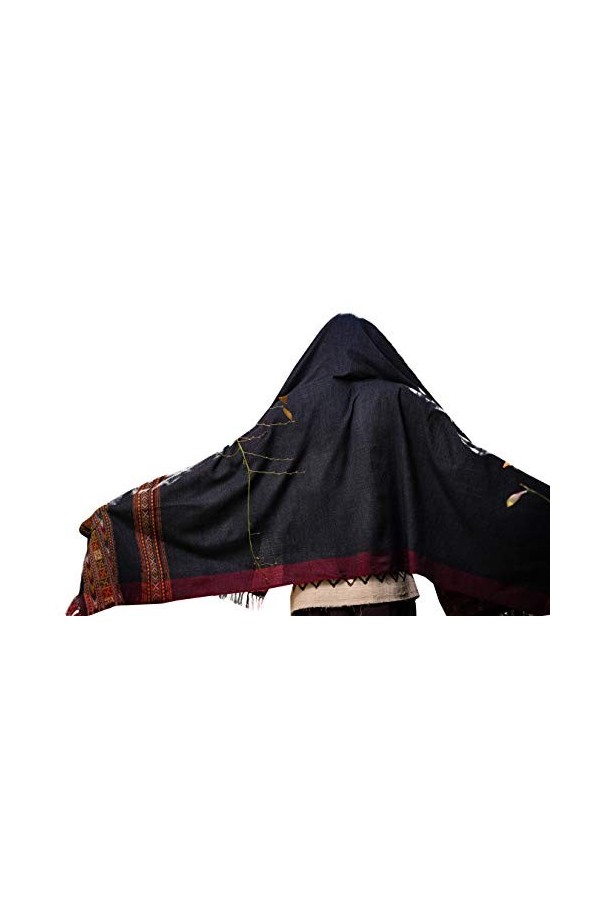 SAMADHI Couverture de prière de méditation en cachemire gris foncé et laine de yak tibétain Lahsa Motif tribal celtique brodé