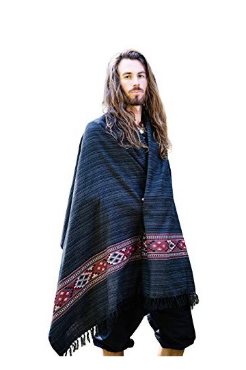 JHANA Couverture de prière de méditation confortable en cachemire gris et noir laine de yak tibétain Lahsa Tribal celtique br