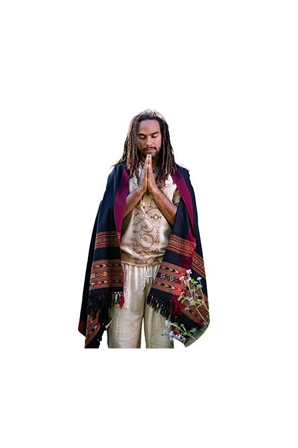 SAMADHI Couverture de prière de méditation confortable en cachemire noir laine de yak tibétain Lahsa Tribal celtique brodé Bo