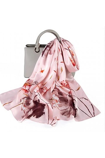RAN Foulard en Soie pour Femme, écharpes Longues de Luxe en Pur Satin, Grands châles, Motif Lotus Écharpes Color : Pink, Siz