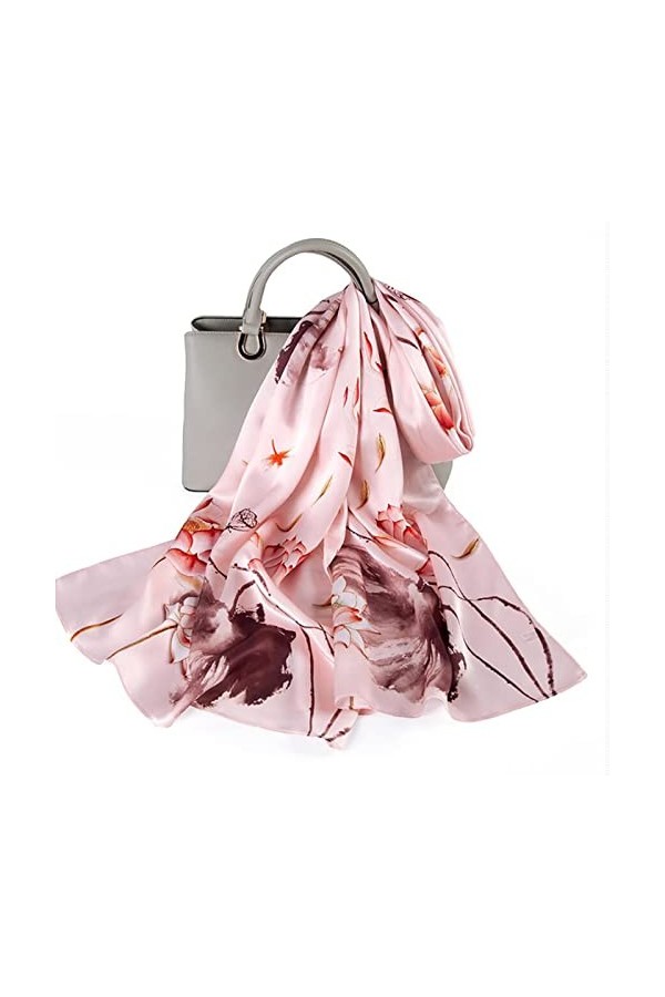 RAN Foulard en Soie pour Femme, écharpes Longues de Luxe en Pur Satin, Grands châles, Motif Lotus Écharpes Color : Pink, Siz