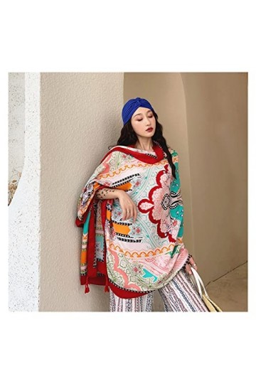 BAtlam Foulard en Soie Mode Femmes Pompon Beau châle imprimé Doux été Printemps Protection Solaire Vacances à la Plage écharp