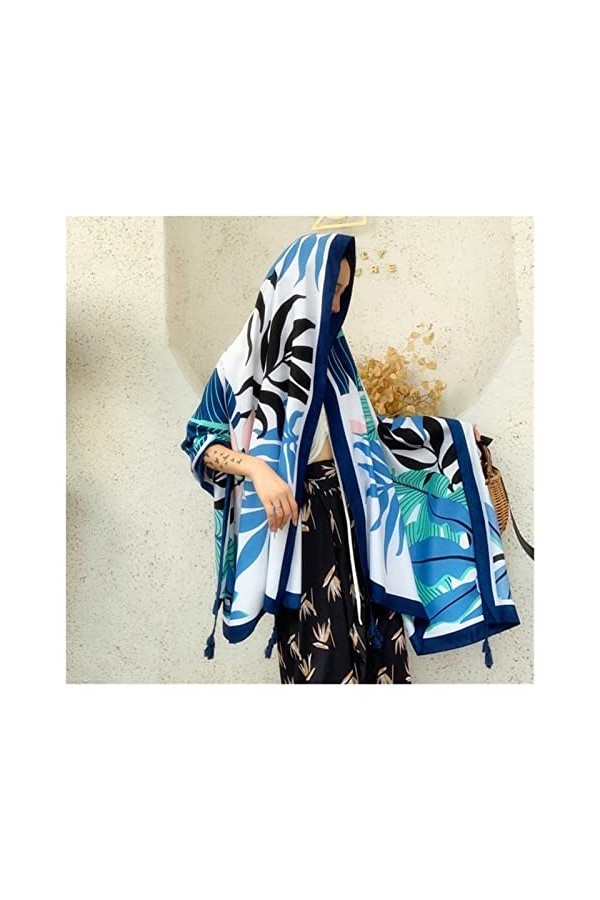BAtlam Foulard en Soie Mode Femmes Imprimer Vacances Plage châle Doux extérieur Soie Naturelle Protection Solaire écharpe Bl