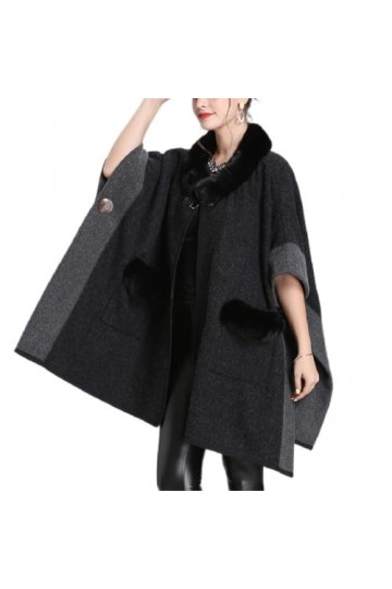 Châle grande taille pour femme avec col en fausse fourrure et poche à revers - Châle tricoté couleur : gris, taille : taille