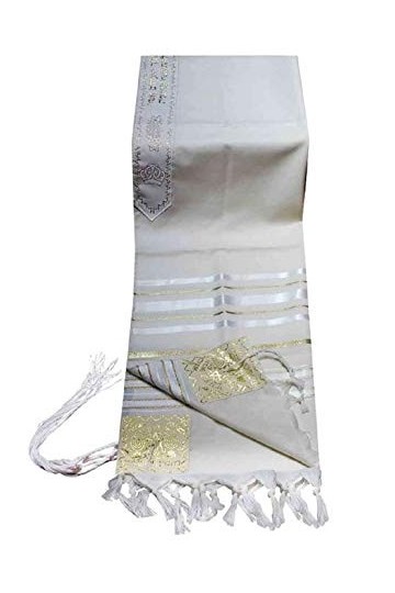 Châle de prière 100 % laine avec rayures blanches et dorées Taille 150 x 203 cm