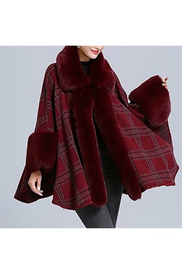 CELECH Femme Fausse Fourrure à Carreaux Tartan Cape Poncho Cardigan Tricot Dame châle étole Wraps Pull Couleur : Rose, Taill