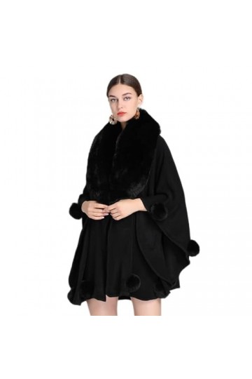 Cape en laine mélangée pour femme avec bordure en fausse fourrure - Manteau chaud dhiver - Châle - Cardigan ouvert sur le de