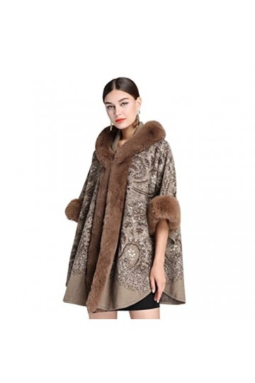Cape en tricot pour femme - Poncho à capuche avec col en fourrure - Châle en fausse fourrure - Cardigans surdimensionnés pour