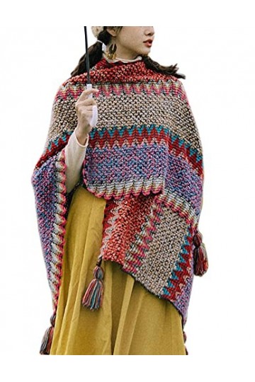 HaoMay Poncho ethnique ouvert sur le devant pour femme en laine tissée à pompons, Rouge, taille unique