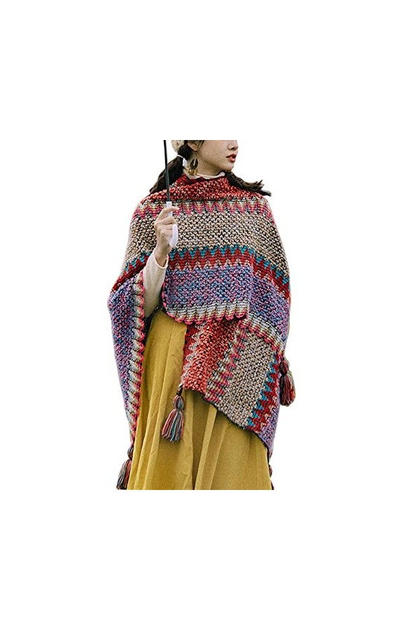 HaoMay Poncho ethnique ouvert sur le devant pour femme en laine tissée à pompons, Rouge, taille unique