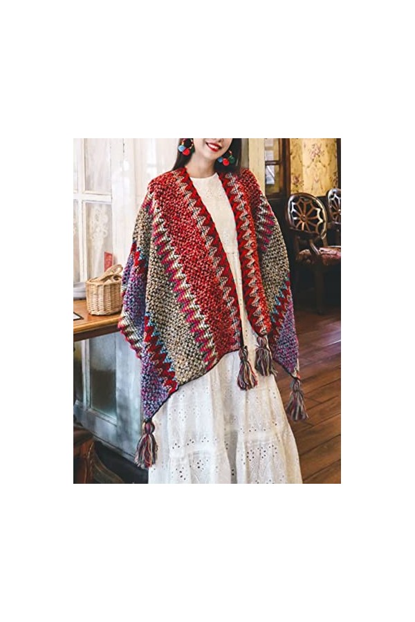 HaoMay Poncho ethnique ouvert sur le devant pour femme en laine tissée à pompons, Rouge, taille unique