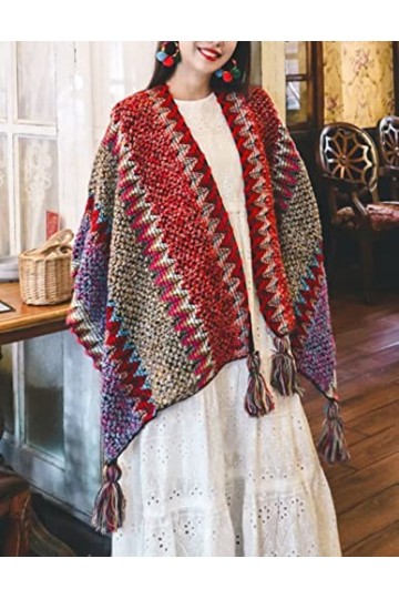HaoMay Poncho ethnique ouvert sur le devant pour femme en laine tissée à pompons, Rouge, taille unique