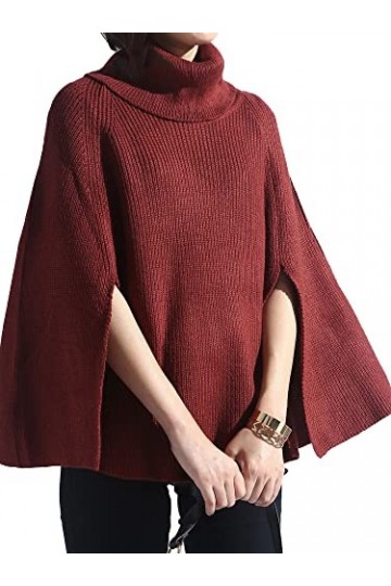 épicé de Sandia Femme à col roulé Poncho Pull Cape en tricot Pull solide pulls - rouge - Taille unique