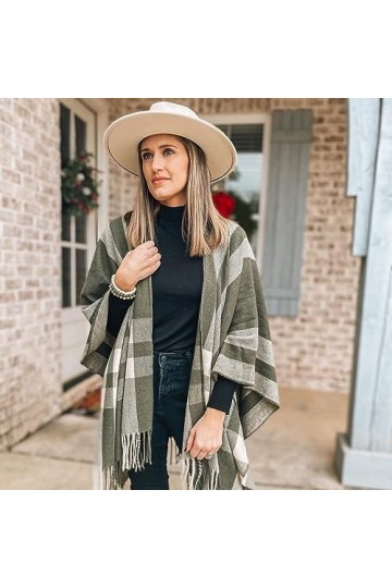 Beautiful Nomad Poncho dhiver pour femme - Style rétro bohème - Imprimé à pompons, vert olive, Taille Unique