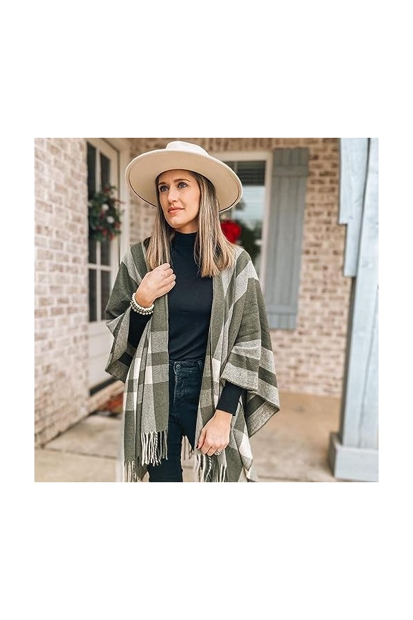 Beautiful Nomad Poncho dhiver pour femme - Style rétro bohème - Imprimé à pompons, vert olive, Taille Unique