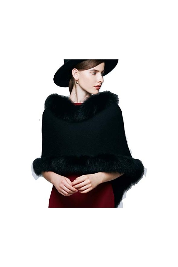 Brillabenny CAPE REAL VRAIE FOURRURE NOIR en LAINE Taille M-L 44 46 48 Cardigan Châle Pardessus Poncho Châle Veste