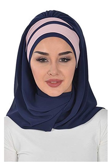 Châle pour femme - Léger - En mousseline de soie - Pour modestie, Bleu marine - Poudre - C 83 , taille unique
