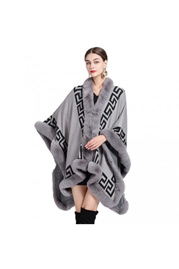 CFS_ALLOY Poncho Fausse Fourrure Cape Châle Étole Tricoté, Cape Manteau de Laine No Manches Automne Hiver Taille Unique,Gris