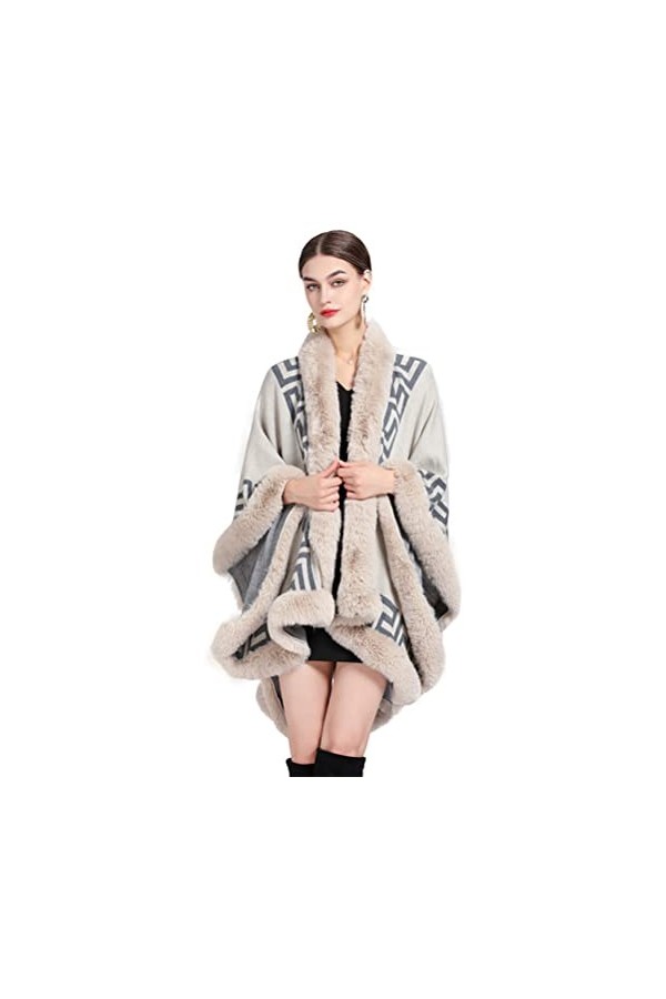 CFS_ALLOY Poncho Fausse Fourrure Cape Châle Étole Tricoté, Cape Manteau de Laine No Manches Automne Hiver Taille Unique,Gris