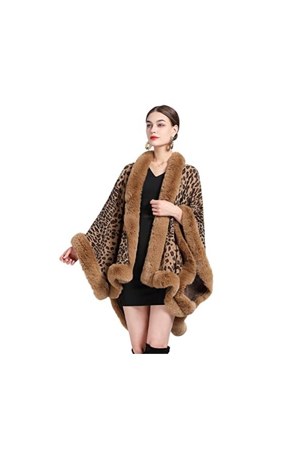 CFS_ALLOY Hiver Poncho en Imprimé Léopard Femme Écharpe Cape Épaissie, Fourrure Cape Chaud Tricoté Ponchos Châles,Beige, beig