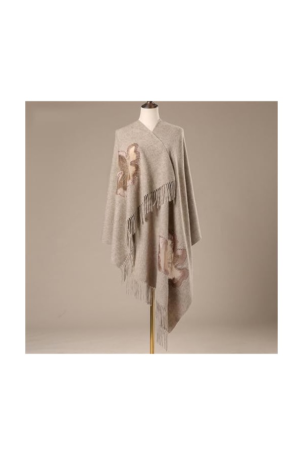 MaTeka Châle chaud en laine brodé for femme, écharpe en laine avec perles de couture faites à la main, portée à lextérieur