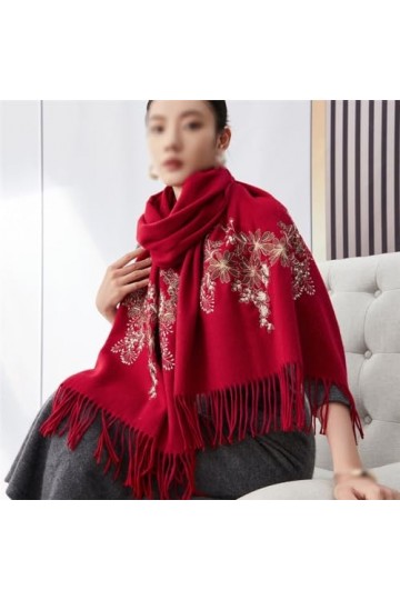 MaTeka Écharpe en laine à pampilles brodée for femme, châle chaud ethnique, vent dhiver