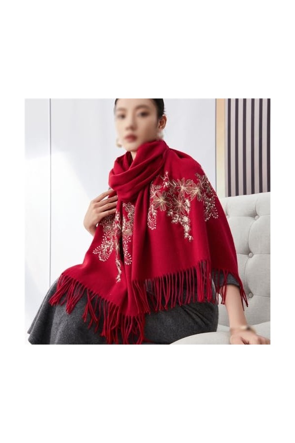 MaTeka Écharpe en laine à pampilles brodée for femme, châle chaud ethnique, vent dhiver