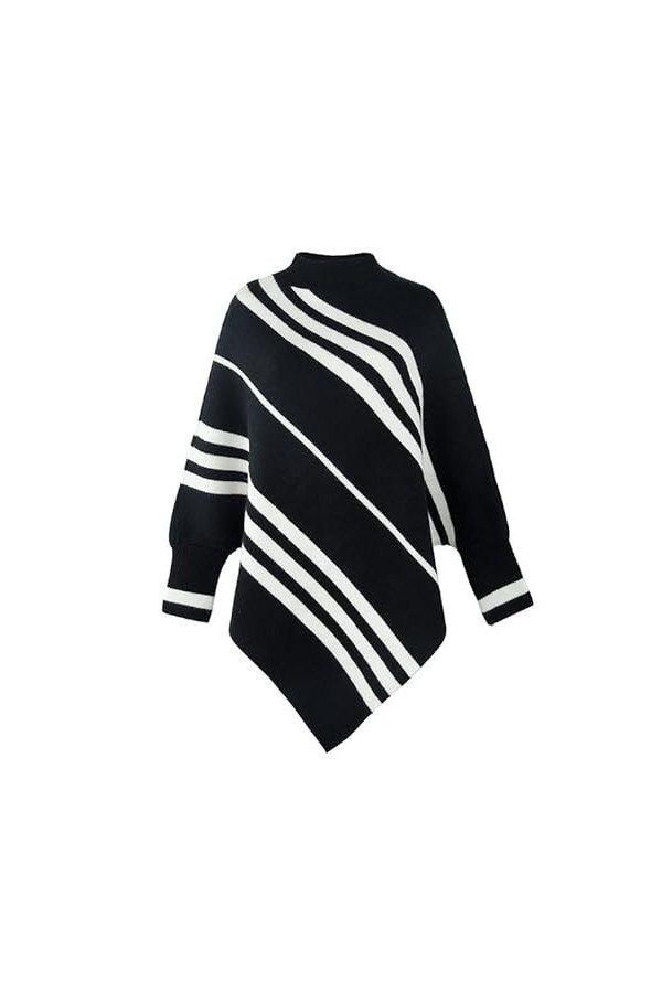 KAHXI Cape femme pull châle col rond rayé manches longues Poncho femme tricoté pull surdimensionné Cape Color : B, Size : On